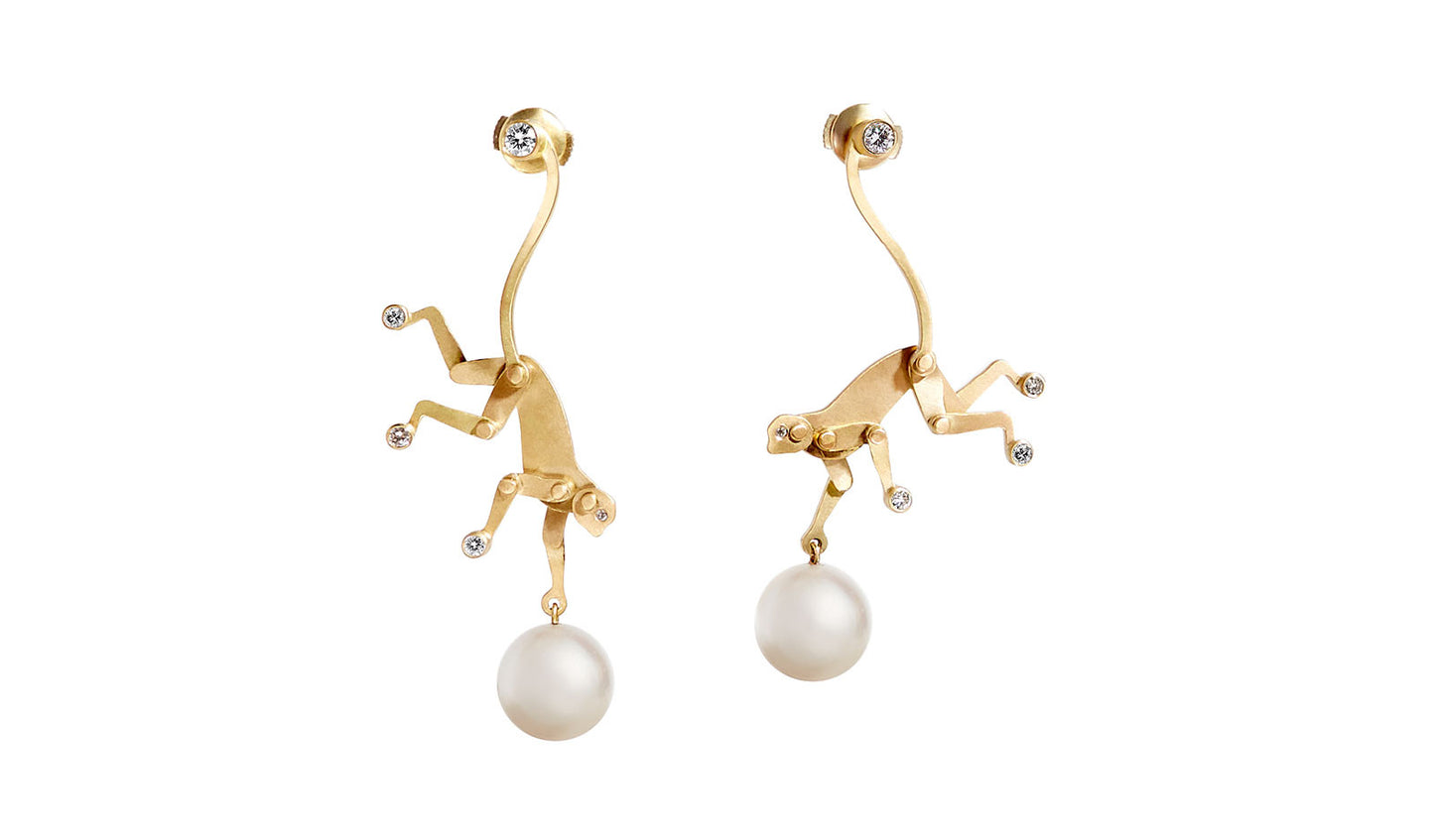Mini Monkey Earrings | Yellow Gold and Pearls