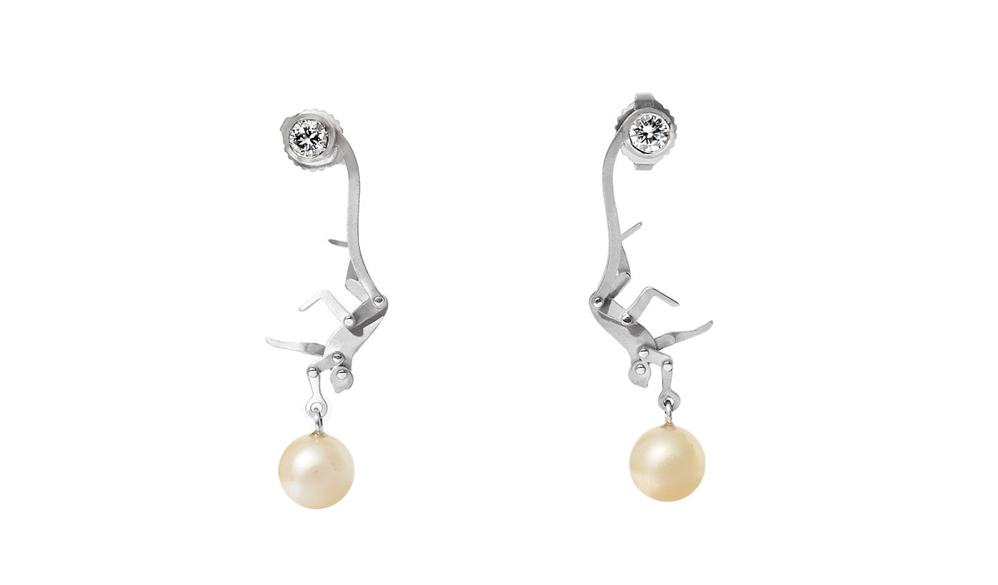 Micro Monkey Drop Earrings | White Gold with Pearls