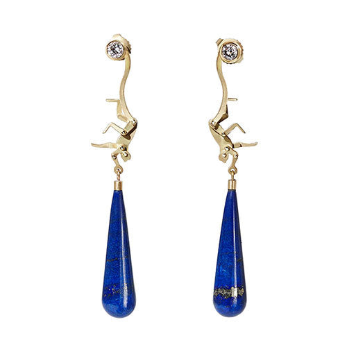 Micro Monkey Drop Earrings | Yellow Gold and Lapis