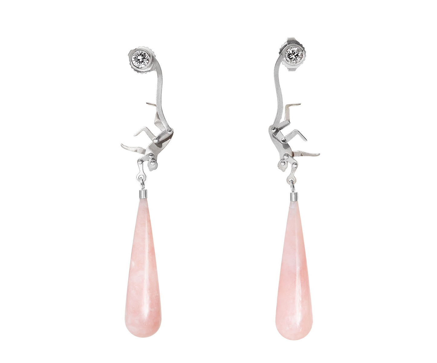 Micro Monkey Drop Earrings | White Gold with Pink Opal