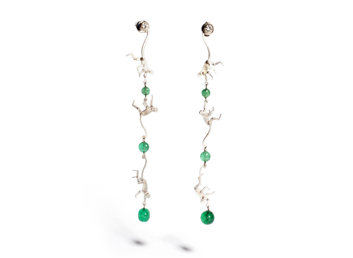 Micro Monkey Linked Earrings with Emeralds and White Diamonds