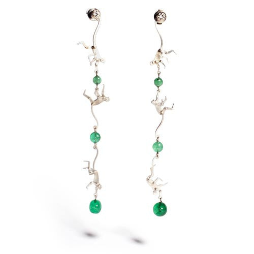 Micro Monkey Linked Earrings with Emeralds and White Diamonds