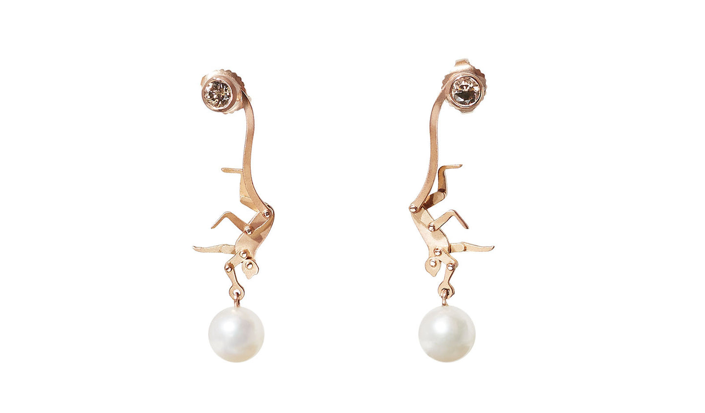 Micro Monkey Drop Earrings | Pink Gold with Pearls