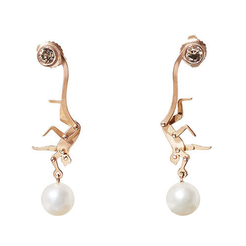 Micro Monkey Drop Earrings | Pink Gold with Pearls
