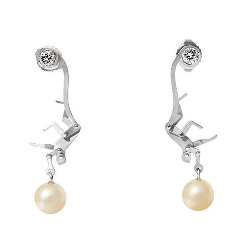 Micro Monkey Drop Earrings | White Gold with Pearls