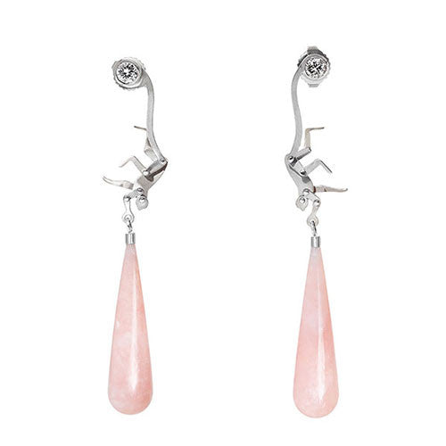 Micro Monkey Drop Earrings | White Gold with Pink Opal